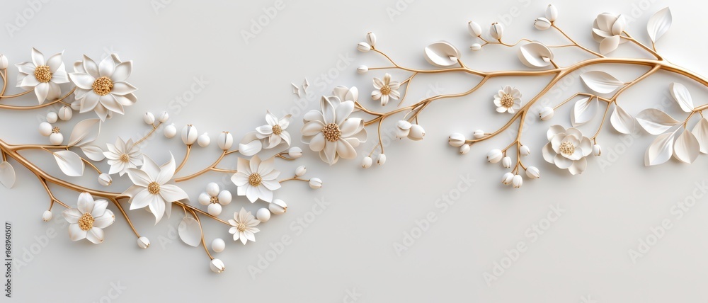 Elegant 3D Floral Wall Art with White Flowers and Gold Branches on a Minimalist Background Elegant 3D Floral Wall Art with White Flowers and Gold Branches on a Minimalist Background