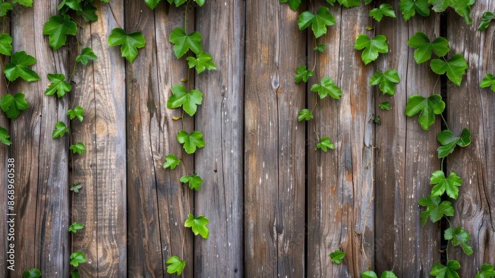 Rustic Wooden Fence with Green Ivy Leaves Climbing Up the Planks in a Natural Outdoor Setting Rustic Wooden Fence with Green Ivy Leaves Climbing Up the Planks in a Natural Outdoor Setting