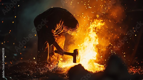 Blacksmith forging metal with a hammer in front of a fiery forge, showcasing traditional metalworking skills and intense firelight.