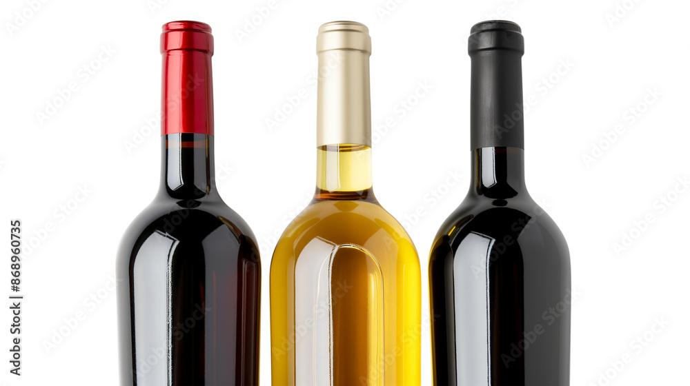 Three wine bottles, one of which is yellow, one is red and one is white isolated on a transparent background Three wine bottles, one of which is yellow, one is red and one is white isolated on a transparent background