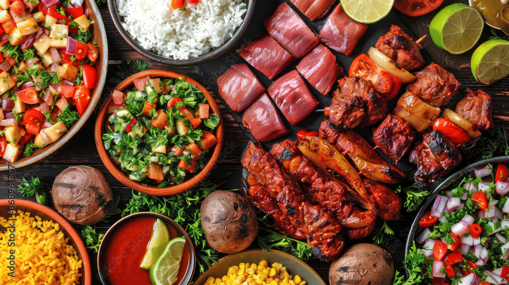 Overhead view of a table setting featuring grilled meat and vegetables, accompanied by a variety of side dishes, creating a visually appealing and appetizing spread