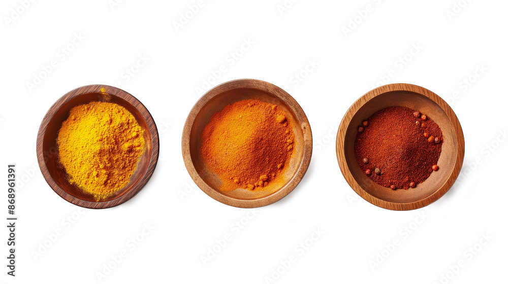 Turmeric, Cayenne, and Paprika in Bowls in a Row isolated on a transparent background Turmeric, Cayenne, and Paprika in Bowls in a Row isolated on a transparent background