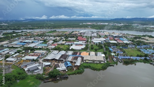 Kuching, Malaysia - July 1 2024: The Isthmus with the Twin Towers, Barrage and Borneo Convention Centre Kuching