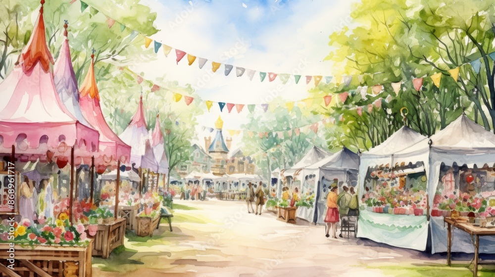 Fototapeta premium Charming Watercolor Village Fair with Festive Bunting and Cozy Stalls in Spring Atmosphere
