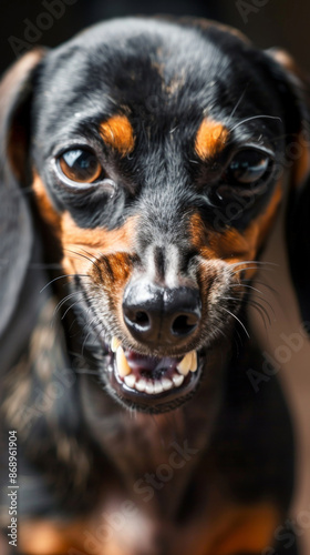 A black and brown dachshund dog is going to bite