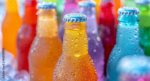 Colorful Glass Bottles of Chilled Beverages With Condensation
