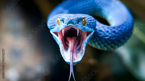 Fierce blue viper snake with open mouth and bifurcated tongue a dangerous predator poised to strike in the wild jungle or forest environment