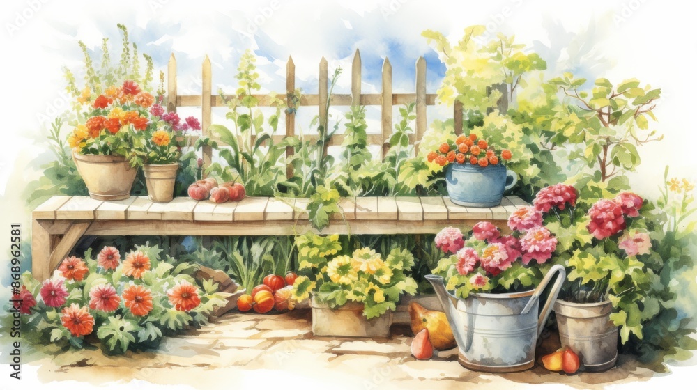 Flourishing Spring Vegetable Garden in Watercolor Style - A Cozy Haven of Thriving Plants