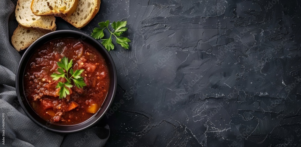 A comforting bowl of hearty soup served with crusty bread on a dark background A comforting bowl of hearty soup served with crusty bread on a dark background