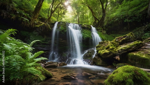 The landscape with a waterfall in a dense forest is very beautiful and amazing
