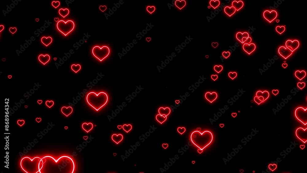 Red neon valentine heart background. Neon hearts flying background. Colorful hearts flying background. Seamless loop