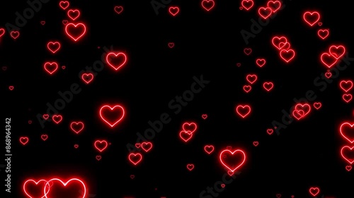 Red neon valentine heart background. Neon hearts flying background. Colorful hearts flying background. Seamless loop