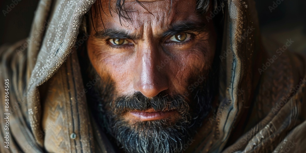 Biblical character. Close-up portrait of a serious man with a beard and shawl looking at camera, Generative AI Biblical character. Close-up portrait of a serious man with a beard and shawl looking at camera, Generative AI
