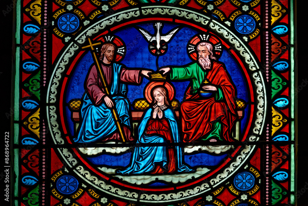 The Coronation of the Virgin Mary, Mother of God, in heaven by the Holy Trinity. Le Couronnement de la Vierge Marie, Mère de Dieu, au paradis par la Sainte Trinité.
