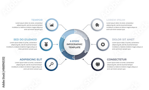Circle diagram template with six puzzle elements, infographic template, process visualization, vector eps10 illustration