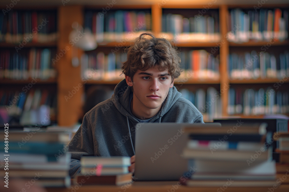 A young male student studies intently in a library, surrounded by books and a laptop, with a backdrop of bookshelves filled with knowledge A young male student studies intently in a library, surrounded by books and a laptop, with a backdrop of bookshelves filled with knowledge