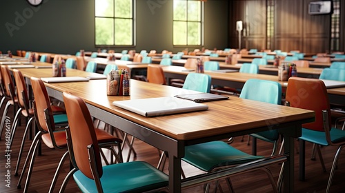 Wallpaper Mural a classroom wa classroom with a wooden table and chairs with a book on the top of the table.ith a map of the world on the wall Torontodigital.ca