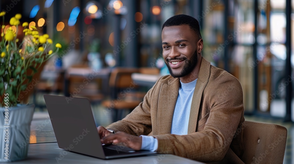 Candid portrait of an African American man working on a laptop in a stylish modern cafe hotel lobby Candid portrait of an African American man working on a laptop in a stylish modern cafe hotel lobby