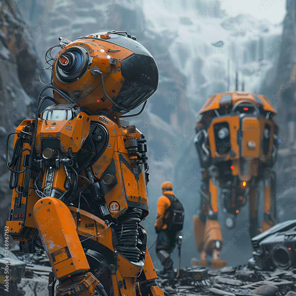 An orange and black robot standing in front of a majestic waterfall. An orange and black robot standing in front of a majestic waterfall.