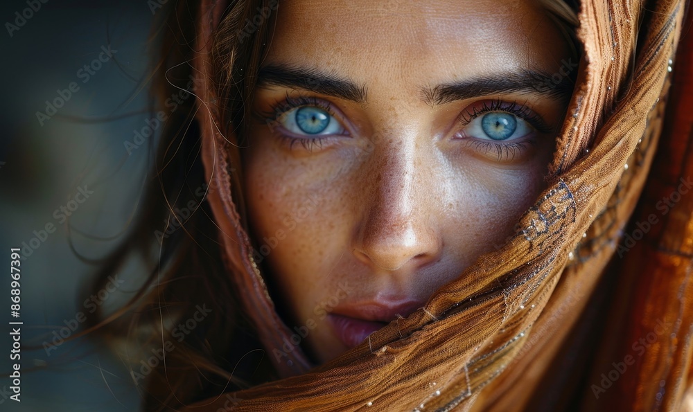 Biblical character. Close up portrait of a woman with a shawl looking at camera, Generative AI Biblical character. Close up portrait of a woman with a shawl looking at camera, Generative AI