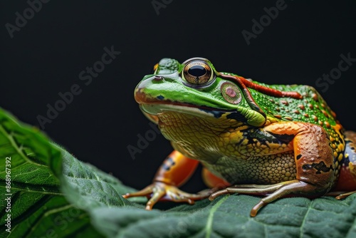 Mystic portrait of American Bullfrog on leave, full body view, full body shot, isolated on black background © Tebha Workspace