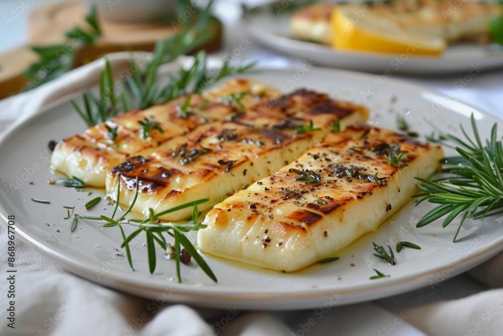 a plate with homemade grilled halloumi cheese a plate with homemade grilled halloumi cheese