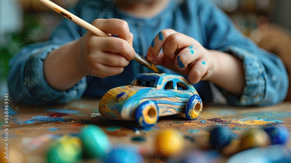 Child painting a wooden toy car with natural dyes, learning about colors and eco-friendly practices through hands-on activities. Child painting a wooden toy car with natural dyes, learning about colors and eco-friendly practices through hands-on activities.