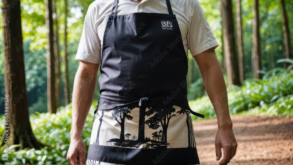 Person wearing a black apron with a forest design in the forest. Person wearing a black apron with a forest design in the forest.