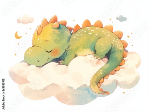 cute little dinosaur sleeping on a cloud, children's illustration, pastel colors, pencil strokes, book illustration, isolated on white background 