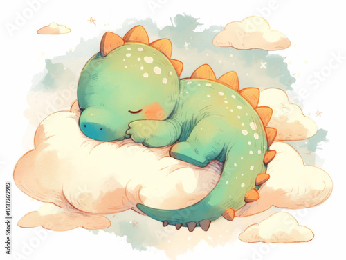 cute little green dino sleeps on a cloud, dragon dreaming in the sky,  children's illustration, pastel colors