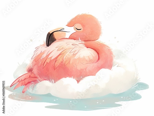 cute little flamingo sleeping on a cloud in water, children's illustration, pastel colors, isolated on white background