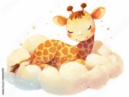 cute little giraffe sleeping on a cloud, children's illustration, pastel colors, stars around