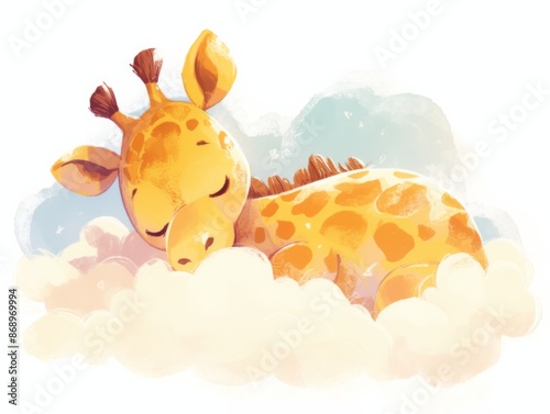 cute little giraffe sleeping on a cloud, children's illustration, pastel colors