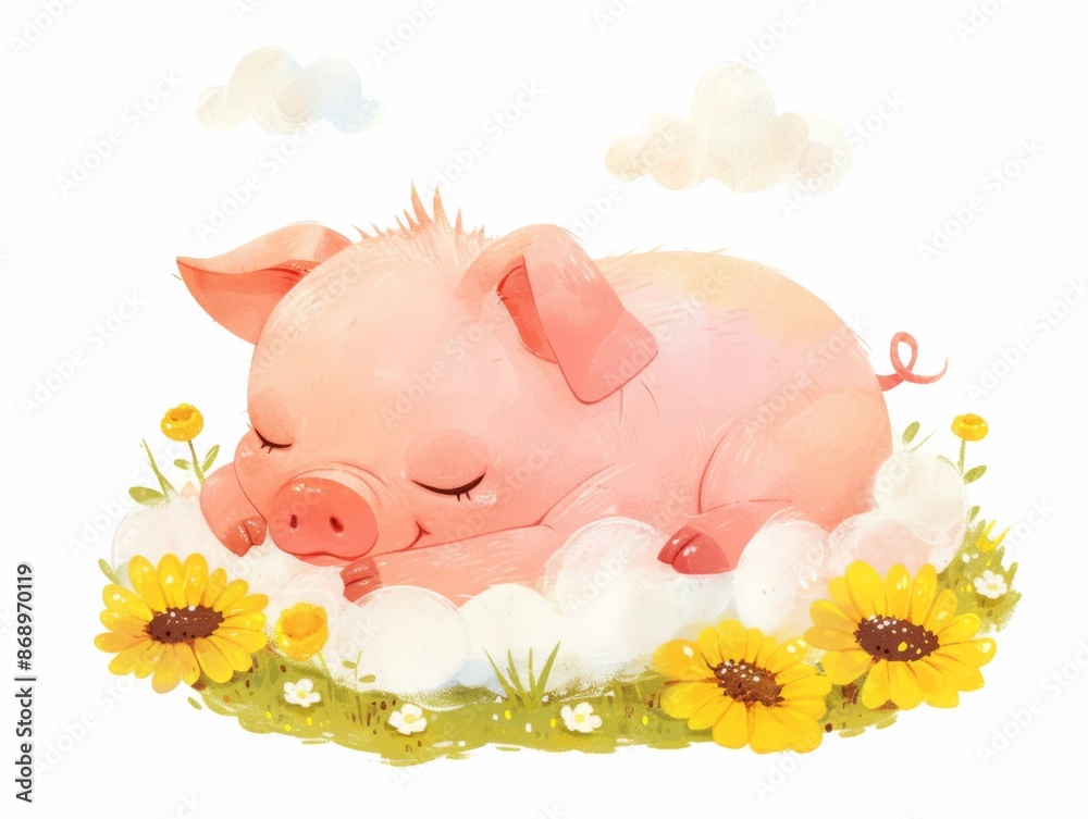 Fototapeta premium cute little piglet sleeping on a cloud, pig dreams on the lawn with yellow flowers, children's illustration, pastel colors