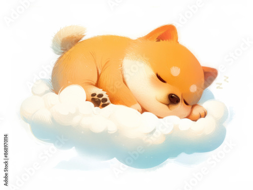 cute little puppy Shiba Inu sleeping on white cloud, dreaming dog, children's illustration, pastel colors