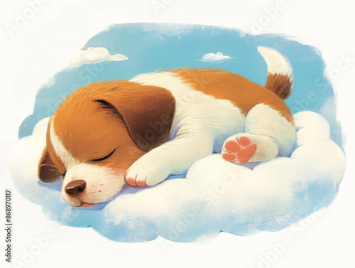 cute little puppy sleeping in blue sky on white cloud, dreaming dog, children's illustration, pastel colors