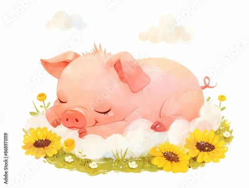 cute little piglet sleeping on a cloud, pig dreams on the lawn with yellow flowers, children's illustration, pastel colors photo