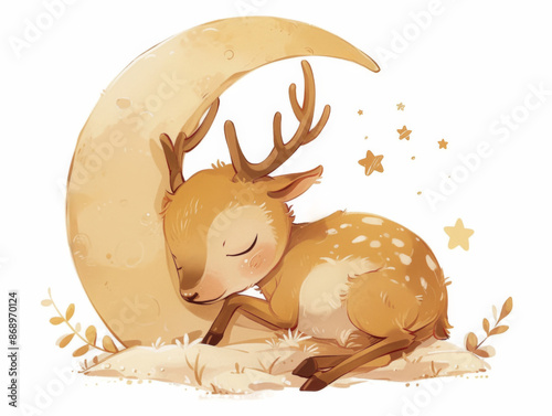 cute little deer sleeps on moon month, stars, grass and leaves around. Children's illustration, pastel colors, book illustration, isolated on white background 