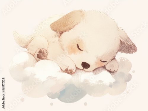 cute little puppy sleeping on a white cloud, dreaming dog, children's illustration, pastel colors