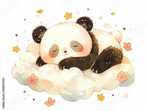cute little panda sleeping on a cloud with flowers and stars around, children's illustration, pastel colors