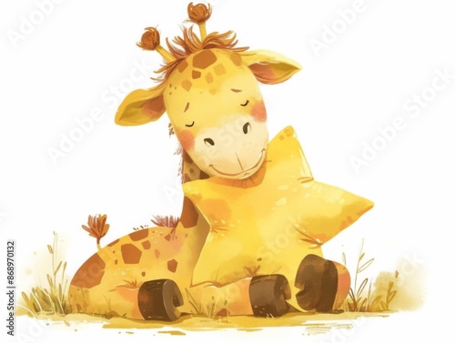 cute little sleeping giraffe hugs a star, children's illustration, pastel colors, isolated on white background