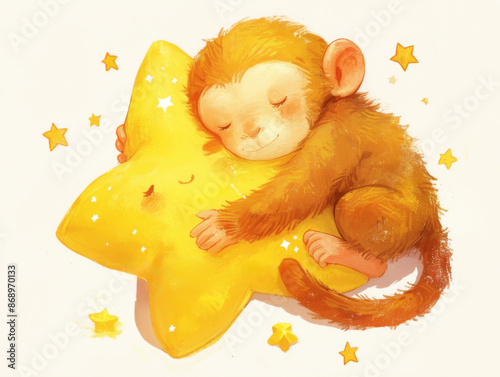 cute little sleeping monkey hugs a star pillow, children's illustration