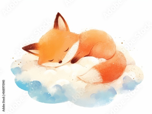 cute little fox sleeping on a cloud, children's illustration, pastel colors, isolated on white background 