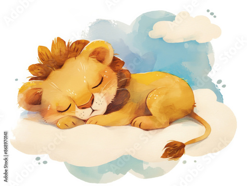 Cute little lion sleeps on a blue cloud, dreaming animal baby, watercolor children's illustration