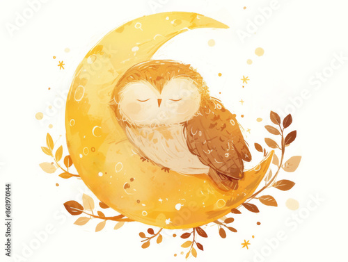 cute little owl sleeps on moon, bird dreaming in the sky,   florals and leaves around. Children's illustration, pastel colors, book illustration, isolated on white background 
