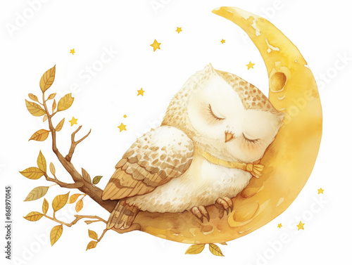 cute little owl sleeps on moon with the tree branches, bird dreaming in the sky,   florals and leaves around. Children's illustration, pastel colors, book illustration, isolated on white background 