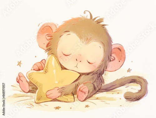 cute little sleeping monkey hugs a star, children's illustration, pastel colors, pencil strokes, book illustration