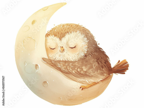 cute little owl hugs the moon, bird dreaming on the month. Children's illustration, pastel colors, isolated on white background 