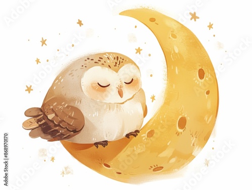 cute little owl sleeps on moon, bird dreaming in the sky,   stars around. Children's illustration, pastel colors, book illustration, isolated on white background 