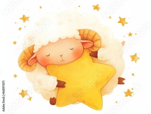 cute little sleeping sheep hugs a star, children's illustration, pastel colors, book illustration